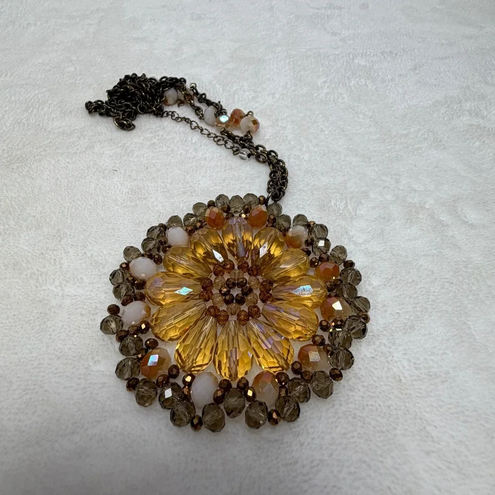 Amber Glass‎ Bead Sunburst Pendant Necklace Bronze Tone Long Boho Statement